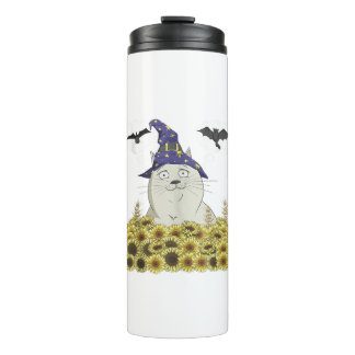 Lustige weiße Katze in Hexenhut Vintage Halloween Thermosbecher