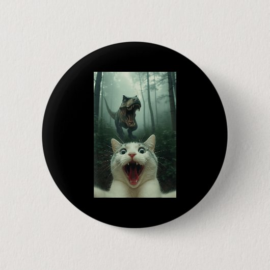Lustige weiße Katze Selfie mit T-Rex Dinosaurier, Button (Vorderseite)