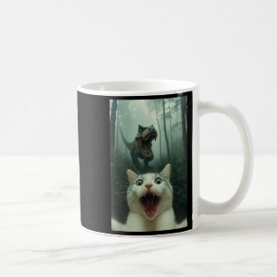 Lustige weiße Katze Selfie mit T-Rex Dinosaurier, Kaffeetasse