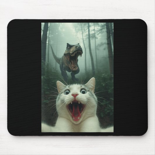 Lustige weiße Katze Selfie mit T-Rex Dinosaurier, Mousepad (Vorne)