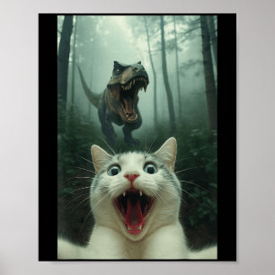 Lustige weiße Katze Selfie mit T-Rex Dinosaurier,  Poster