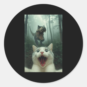 Lustige weiße Katze Selfie mit T-Rex Dinosaurier, Runder Aufkleber