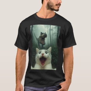 Lustige weiße Katze Selfie mit T-Rex Dinosaurier, T-Shirt