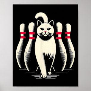 Lustige weiße Katze spielt Bowling Retro Vintage S Poster