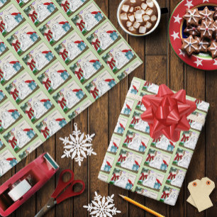 Lustige weiße Katzen-Weihnachtsbaum-Ornamente grün Geschenkpapier