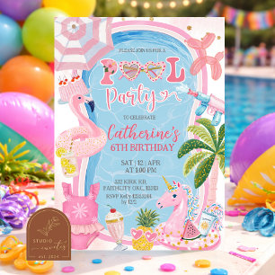 Lustige Whimsical-Poolparty-Geburtstags-Einladung Einladung