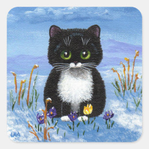 Lustige Winter-Schwarzkatze Creationarts Quadratischer Aufkleber