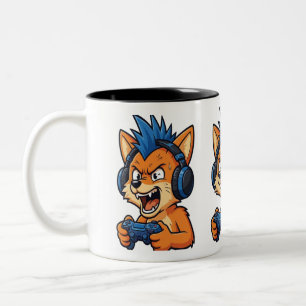 Lustige wütende Gamer-Fuchs mit Kopfhörern Kaffeet Zweifarbige Tasse