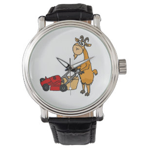 Lustige Ziege, die Rasenmäher-Armbanduhr drückt Armbanduhr