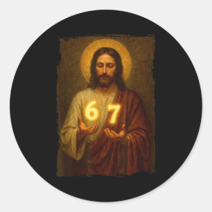 Lustiger 6 7 Jesus. Absurdes Six Seven Meme, selts Runder Aufkleber
