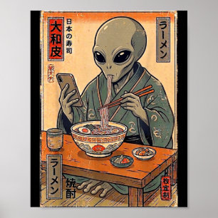 Lustiger Alien isst Ramen Retro japanische Männer  Poster