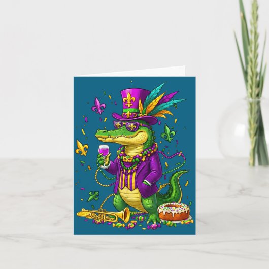 Lustiger Alligator Mardi Gras Perlen Narr Karte (Vorderseite)