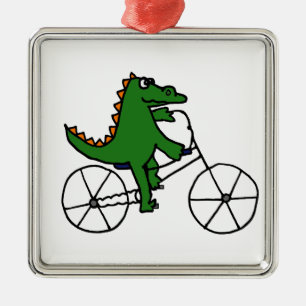 Lustiger Alligatorreitfahrrad-Cartoon Silbernes Ornament