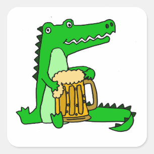 Lustiger Alligatortrinkender Bier-Cartoon Quadratischer Aufkleber