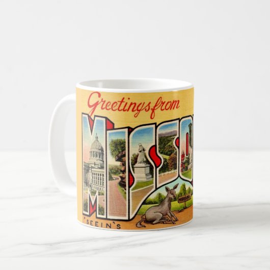 Lustiger alter Missouri-Gruß-Postkartenbecher Kaffeetasse (Vorderseite Links)