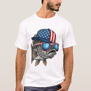 Lustiger Amerikanischer Großer Fisch mit Flaggenmü T-Shirt