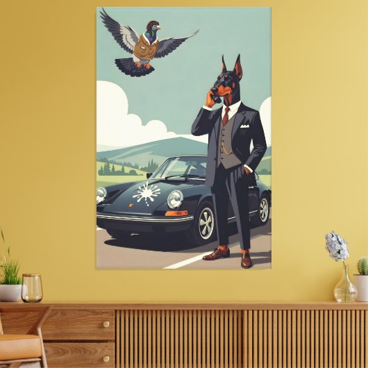 Lustiger anthropomorpher Dobermann Hund Leinwanddruck (Insitu (Wohnzimmer))