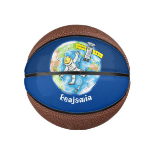Lustiger Astronaut im Weltraum und Erde Cartoon Mini Basketball