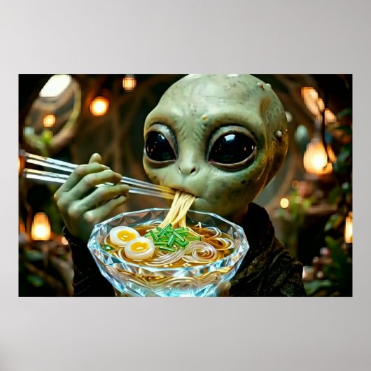 Lustiger Außerirdischer, der Ramen-Nudeln isst Poster (Vorne)