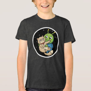 Lustiger Außerirdischer umarmt mürrische Katze Wel Tri-Blend Shirt