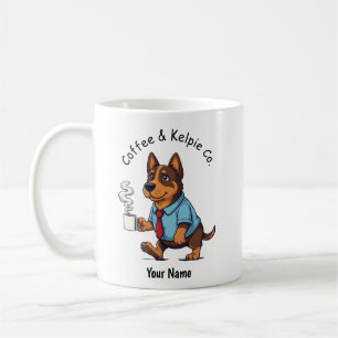 Lustiger australischer Kelpie-Hund im Geschäftsanz Kaffeetasse