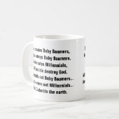 Lustiger Babyboomer-tausendjähriger Witz der Kaffeetasse (Vorderseite Links)