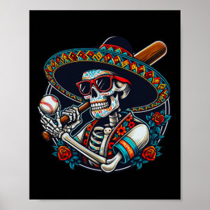 Lustiger Baseball-Skelett-Mexikaner-Sombrero Cool Poster
