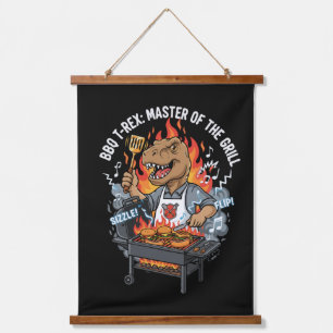 Lustiger BBQ T-Rex Meister des Grills Dinosaurier Wandteppich Mit Holzrahmen