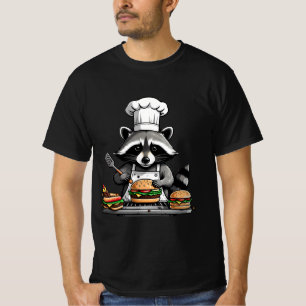 Lustiger BBQ-Waschbär dreht Burger um T-Shirt