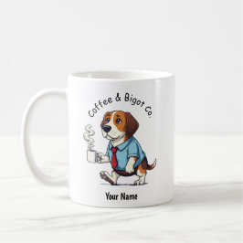Lustiger Beagle-Hund im Geschäftsanzug Kaffee Kaffeetasse