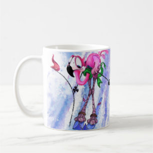 Lustiger Becher mit rosa Flamingo-Skifahrer Kaffeetasse