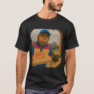 Lustiger Bigfoot-Pizzaliefer-Mops-Tür-Kamera-Hallo T-Shirt