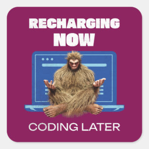 Lustiger Bigfoot-Programmierer lädt sich später zu Quadratischer Aufkleber