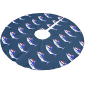 Lustiger blauer Speerfisch Weihnachtsmann Polyester Weihnachtsbaumdecke (Schrägansicht)