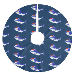 Lustiger blauer Speerfisch Weihnachtsmann Polyester Weihnachtsbaumdecke