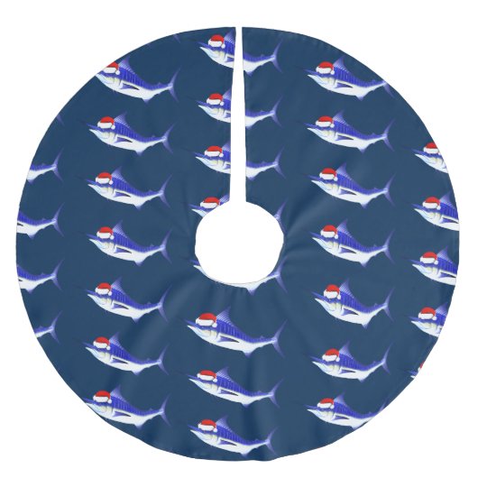 Lustiger blauer Speerfisch Weihnachtsmann Polyester Weihnachtsbaumdecke (Vorderseite)