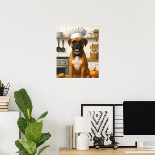 Lustiger Boxer-Kochhund in der Küche für Heimköche Poster