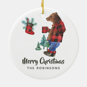 Lustiger Buffalo-Karo-Baumfäller-Bär-Weihnachtsfot Keramik Ornament