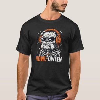 Lustiger Bulldog Halloween-Skelett Howl-Oween DJ H T-Shirt