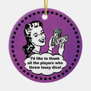 Lustiger Bunco-Spieler-Gewinner Lila Vintage Keramik Ornament