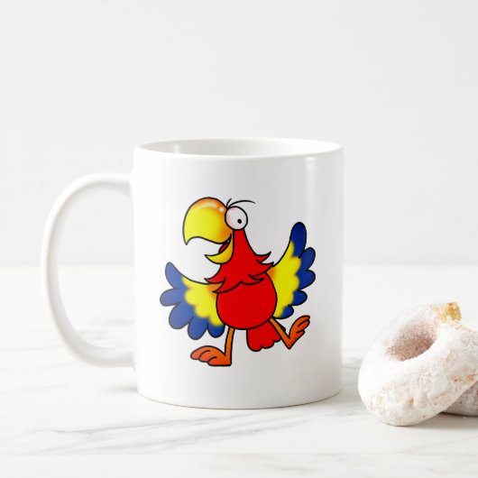 Lustiger Bunter Cartoon Papagei Vogel Kaffeetasse (Mit Donut)