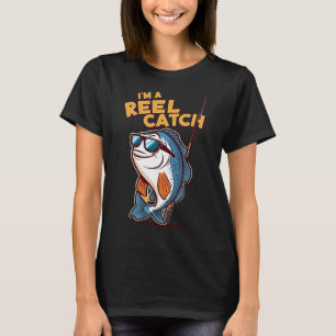Lustiger Cartoon-Fisch mit Sonnenbrille und Angelr T-Shirt
