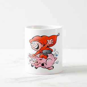 Lustiger Cartoon-Gnom auf einem fliegenden Schwein Kaffeetasse