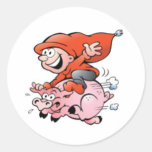 Lustiger Cartoon-Gnom auf einem fliegenden Schwein Runder Aufkleber