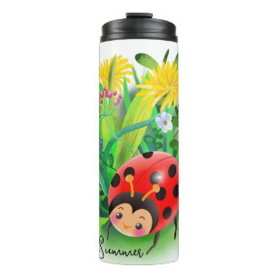 lustiger Cartoon Ladybug unter den Blume Thermosbecher