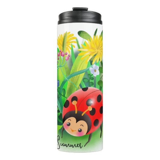 lustiger Cartoon Ladybug unter den Blume Thermosbecher (Vorderseite)