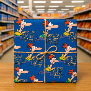 Lustiger Cartoon-Mann läuft mit Einkaufswagen Geschenkpapier