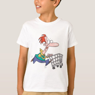 Lustiger Cartoon-Mann läuft mit Einkaufswagen T-Shirt