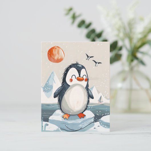 lustiger Cartoon Pinguin auf Eisscholle Postkarte (Stehend Vorderseite)