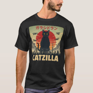 Lustiger Catzilla Retro Kaiju Schwarzer Katze Ries T-Shirt